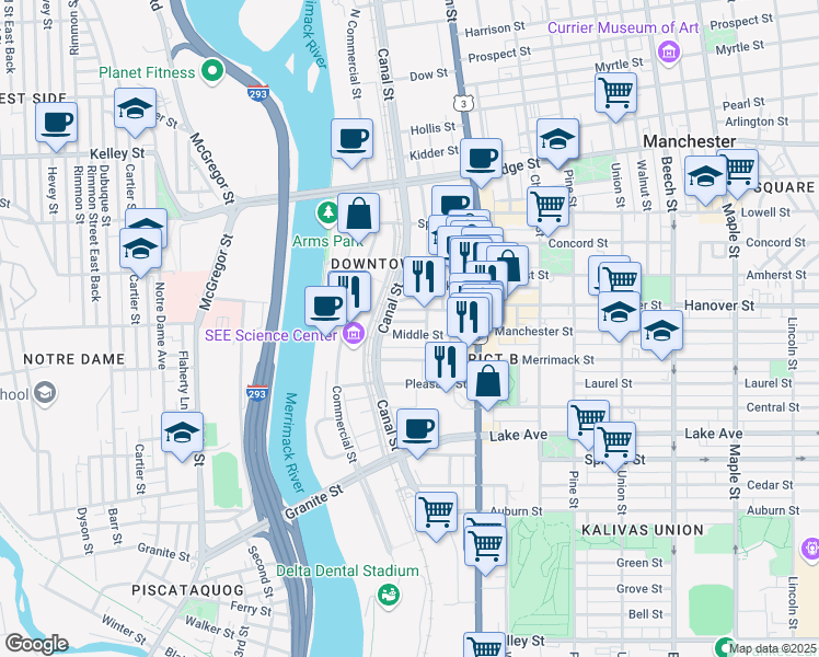 map of restaurants, bars, coffee shops, grocery stores, and more near 130 Middle Street in Manchester