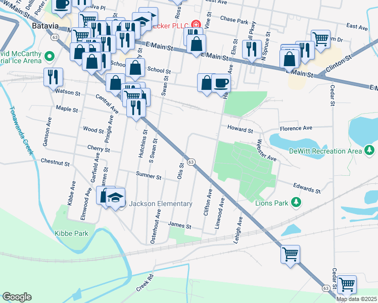 map of restaurants, bars, coffee shops, grocery stores, and more near 439 Ellicott Street in Batavia