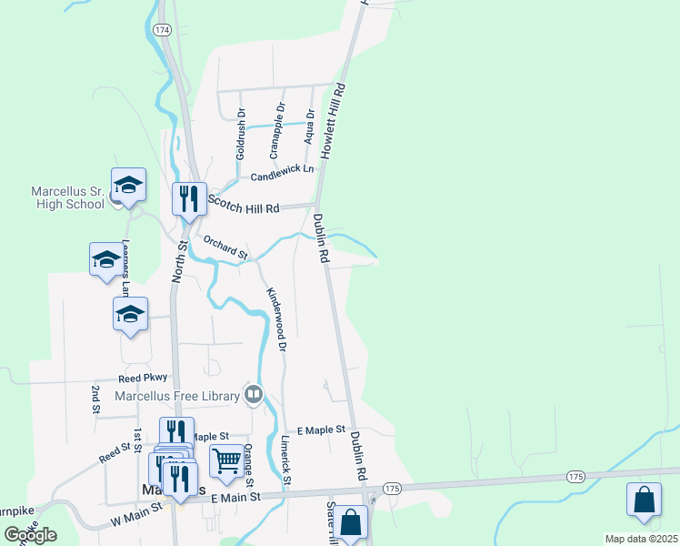 map of restaurants, bars, coffee shops, grocery stores, and more near 4496 Dublin Road in Marcellus