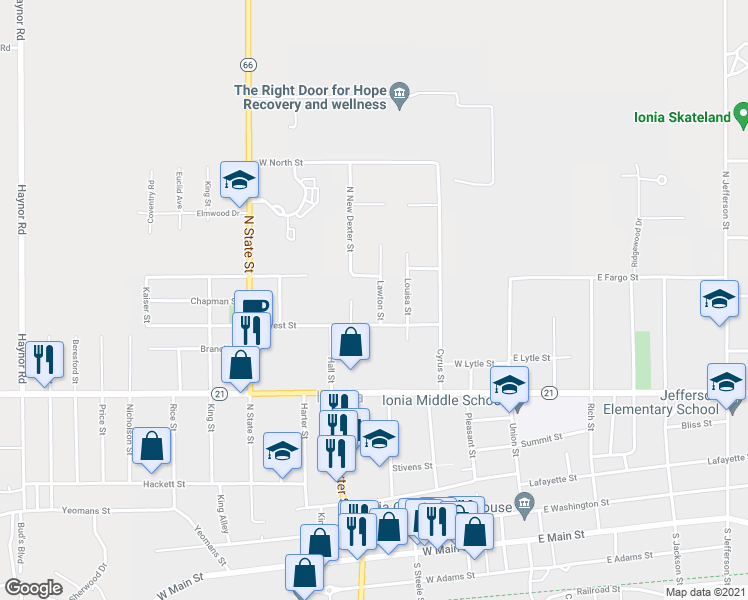 map of restaurants, bars, coffee shops, grocery stores, and more near 615 Lawton Street in Ionia