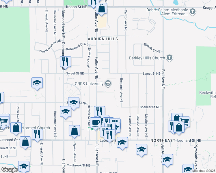 map of restaurants, bars, coffee shops, grocery stores, and more near 1400 Fuller Avenue Northeast in Grand Rapids