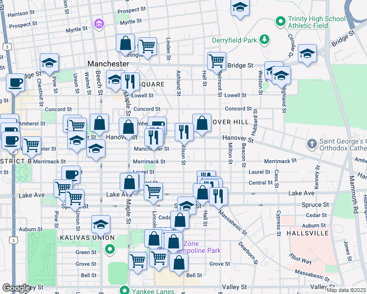 map of restaurants, bars, coffee shops, grocery stores, and more near 427 Manchester Street in Manchester