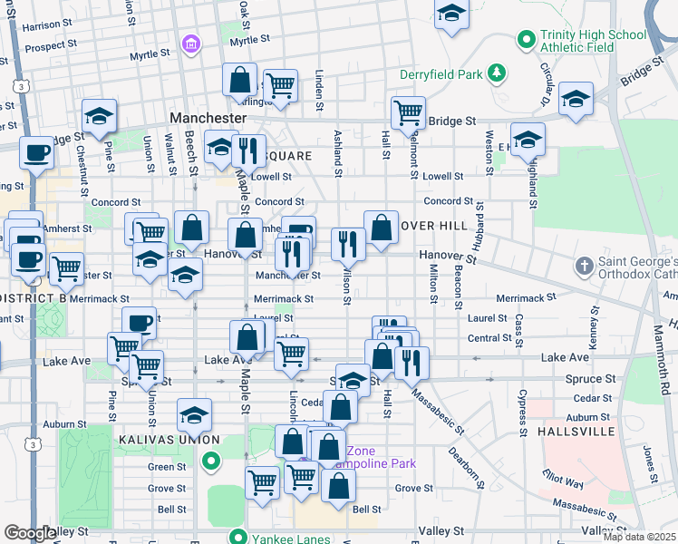 map of restaurants, bars, coffee shops, grocery stores, and more near 427 Manchester Street in Manchester