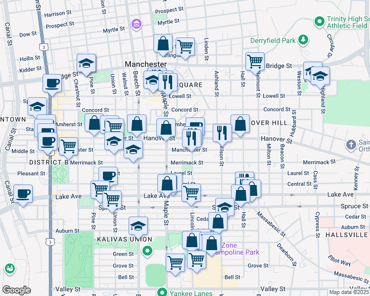 map of restaurants, bars, coffee shops, grocery stores, and more near 516 Lincoln Street in Manchester