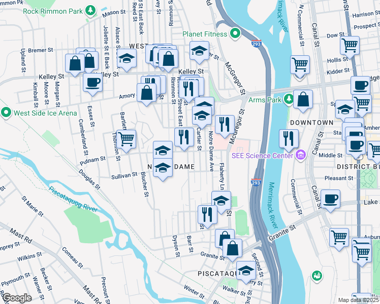 map of restaurants, bars, coffee shops, grocery stores, and more near 250 Dubuque Street in Manchester