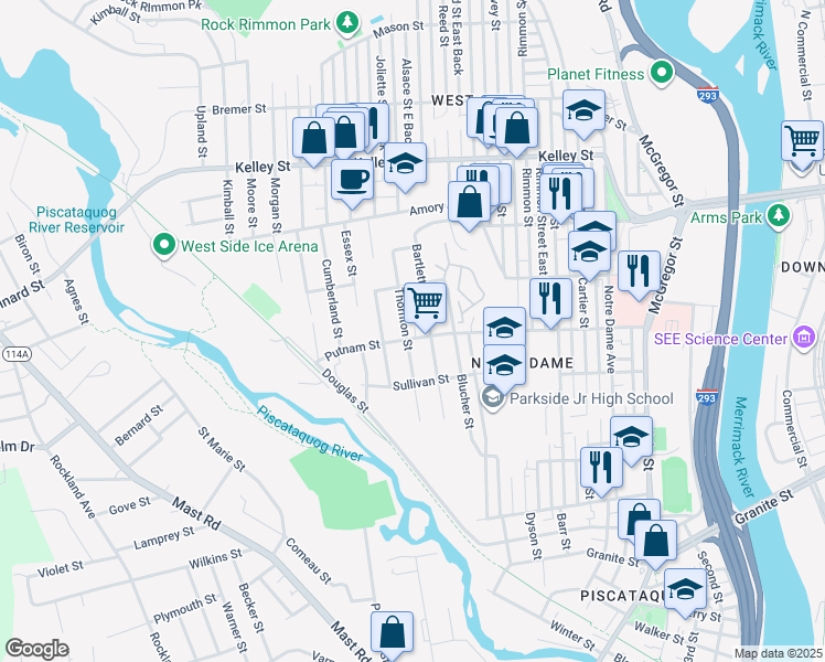 map of restaurants, bars, coffee shops, grocery stores, and more near 316 Bartlett Street in Manchester