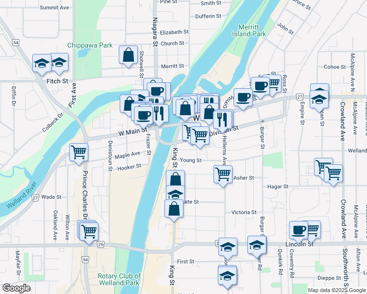 map of restaurants, bars, coffee shops, grocery stores, and more near 80 King Street in Welland