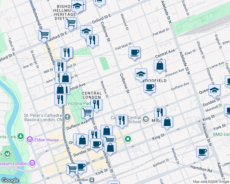 map of restaurants, bars, coffee shops, grocery stores, and more near 364 Princess Avenue in London
