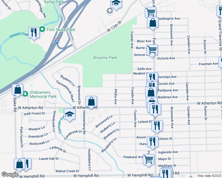 map of restaurants, bars, coffee shops, grocery stores, and more near 1502 Pettibone Avenue in Flint