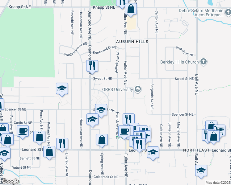 map of restaurants, bars, coffee shops, grocery stores, and more near 1508 Herrick Avenue Northeast in Grand Rapids