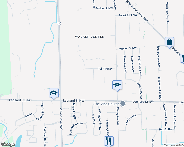 map of restaurants, bars, coffee shops, grocery stores, and more near 4158 Leonard Street Northwest in Grand Rapids
