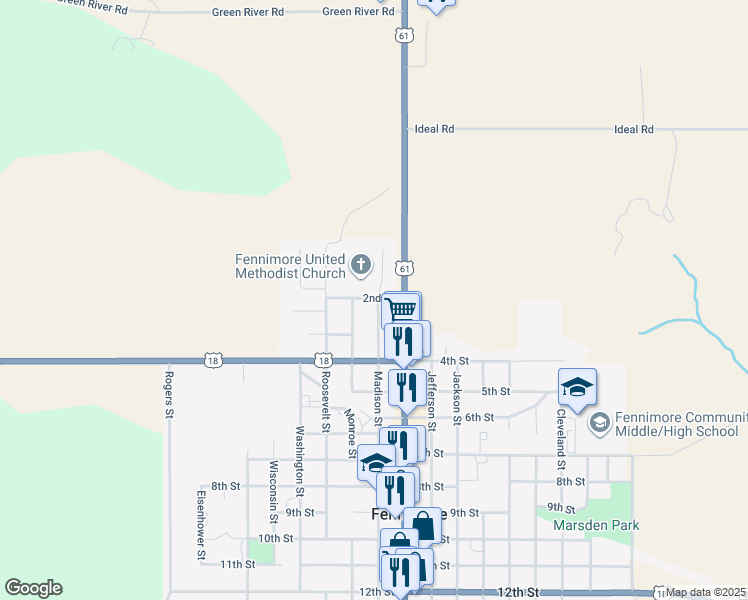 map of restaurants, bars, coffee shops, grocery stores, and more near 280 Madison Street in Fennimore