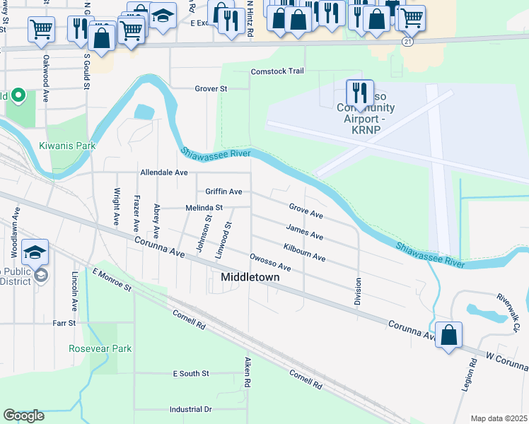 map of restaurants, bars, coffee shops, grocery stores, and more near 1828 James Avenue in Owosso