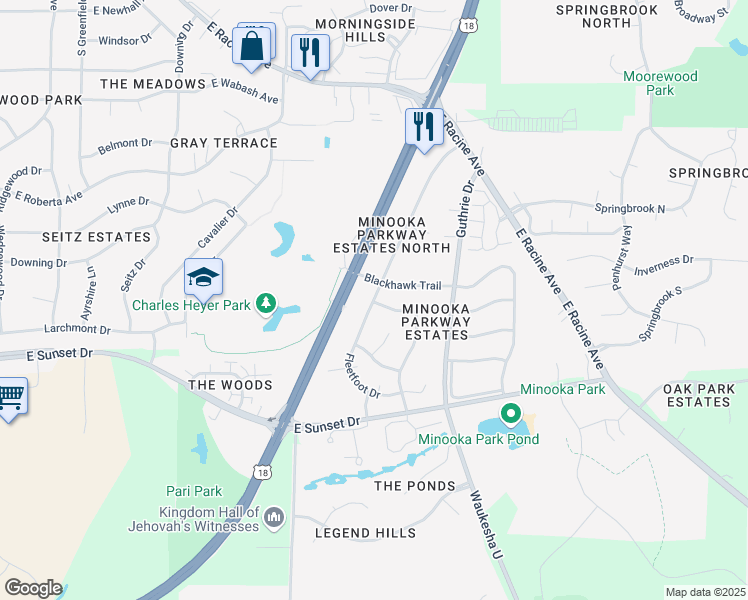 map of restaurants, bars, coffee shops, grocery stores, and more near 1212 Fleetfoot Drive in Waukesha