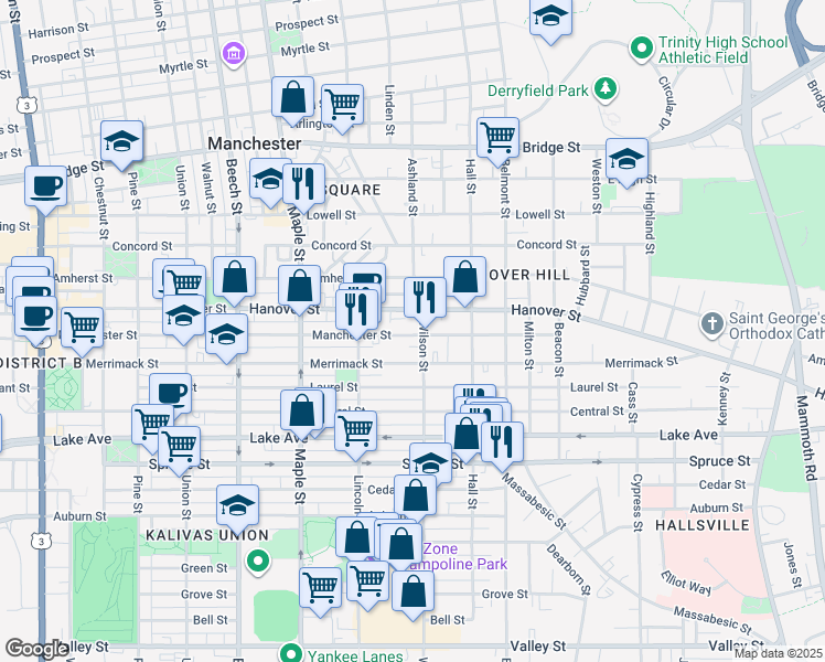 map of restaurants, bars, coffee shops, grocery stores, and more near 412 Manchester Street in Manchester