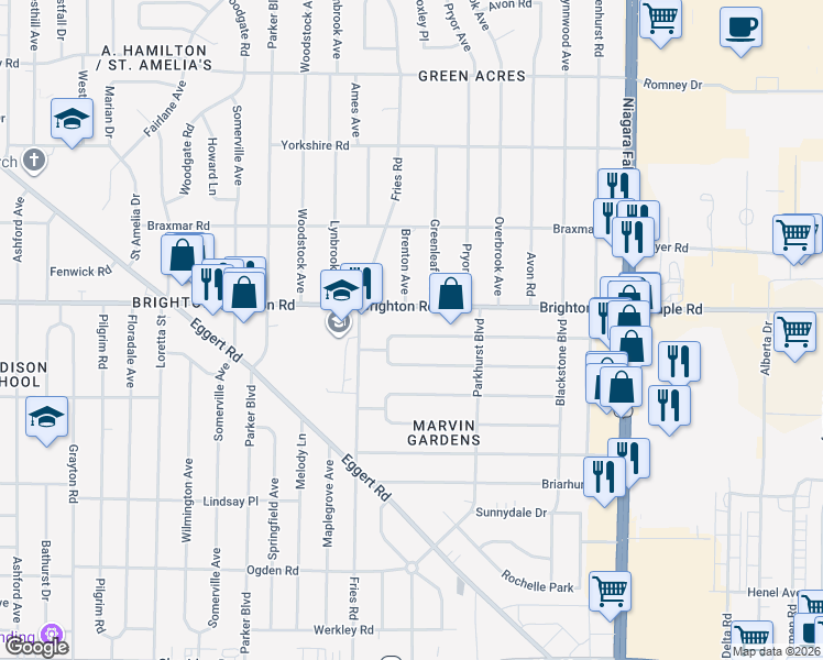 map of restaurants, bars, coffee shops, grocery stores, and more near 331 Wrexham Court North in Tonawanda