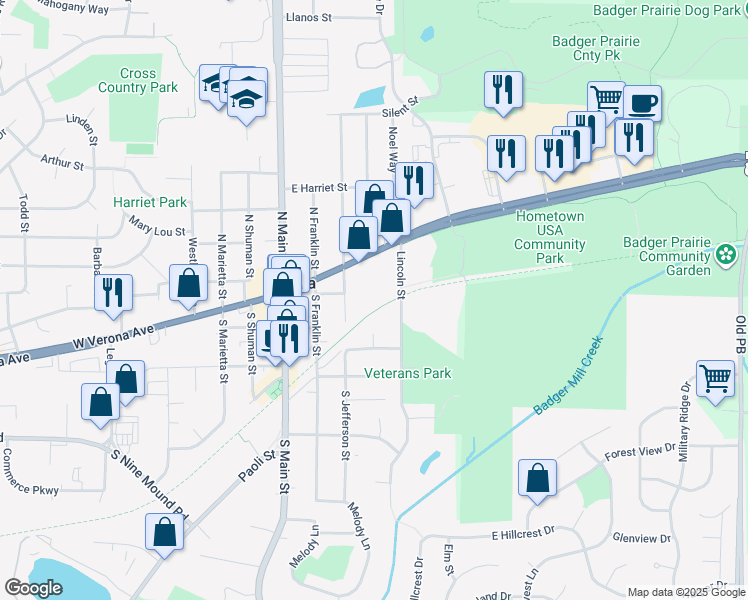 map of restaurants, bars, coffee shops, grocery stores, and more near 104 Lincoln Street in Verona