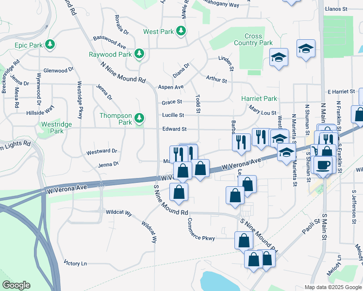 map of restaurants, bars, coffee shops, grocery stores, and more near 204 Todd Street in Verona