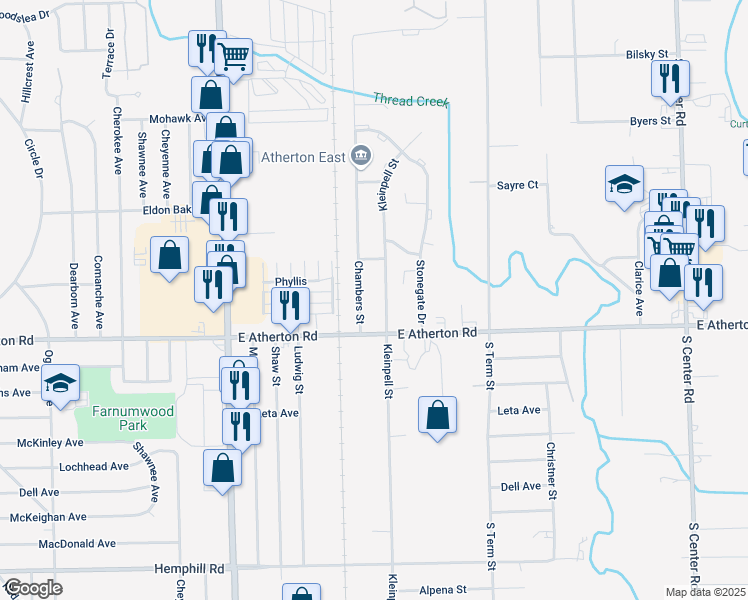 map of restaurants, bars, coffee shops, grocery stores, and more near 1714 Herman E. Curtis Boulevard in Flint