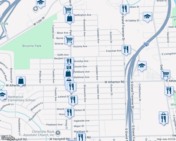 map of restaurants, bars, coffee shops, grocery stores, and more near 846 Pettibone Avenue in Flint