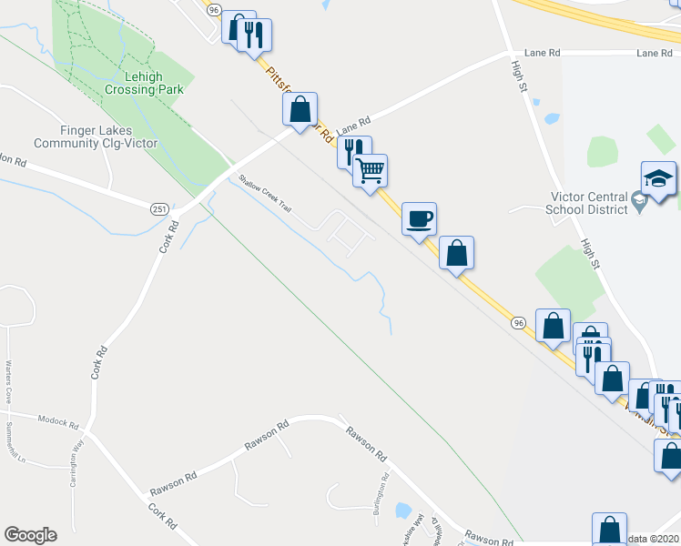 map of restaurants, bars, coffee shops, grocery stores, and more near 7331 Victor Mendon Road in Victor