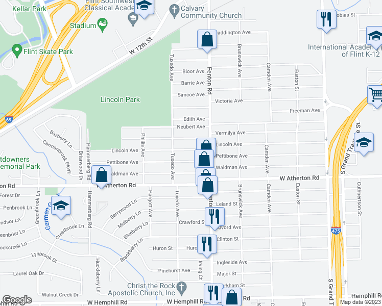 map of restaurants, bars, coffee shops, grocery stores, and more near 1101 Lincoln Avenue in Flint