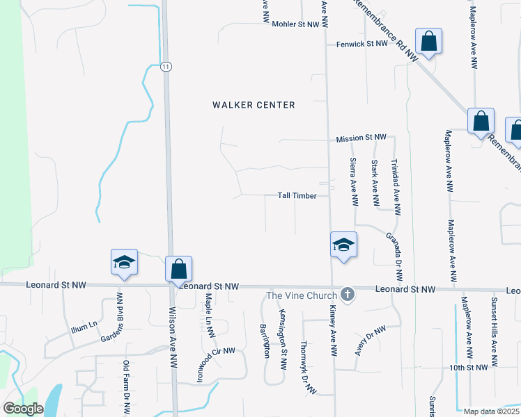 map of restaurants, bars, coffee shops, grocery stores, and more near 4158 Leonard Street Northwest in Grand Rapids