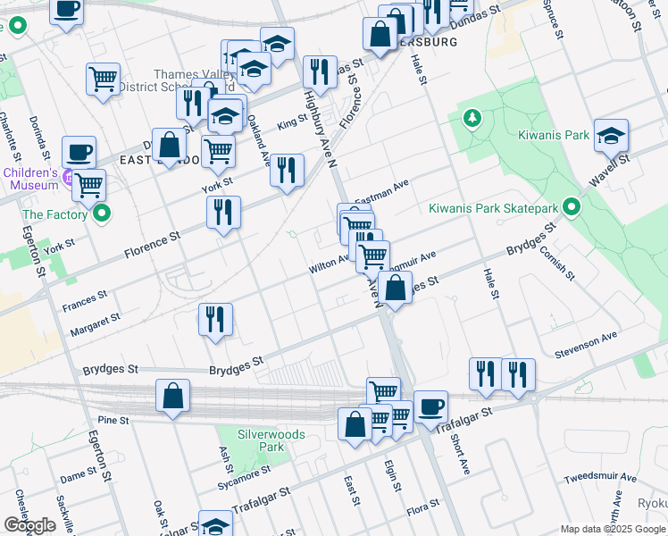 map of restaurants, bars, coffee shops, grocery stores, and more near 1276 Langmuir Avenue in London