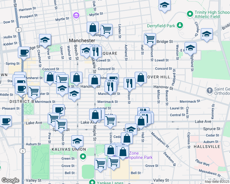 map of restaurants, bars, coffee shops, grocery stores, and more near 391 Manchester Street in Manchester