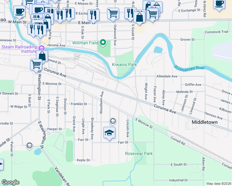 map of restaurants, bars, coffee shops, grocery stores, and more near 810 Corunna Avenue in Owosso