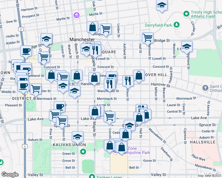 map of restaurants, bars, coffee shops, grocery stores, and more near 516 Lincoln Street in Manchester