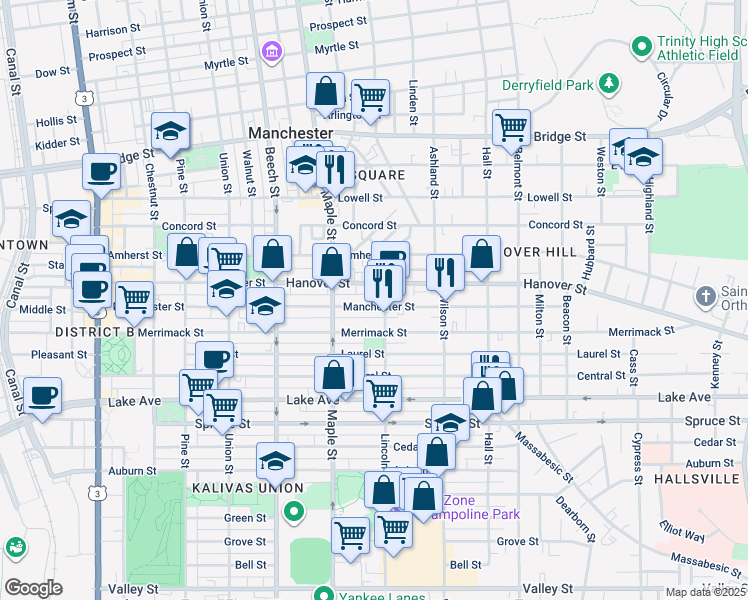 map of restaurants, bars, coffee shops, grocery stores, and more near 516 Lincoln Street in Manchester
