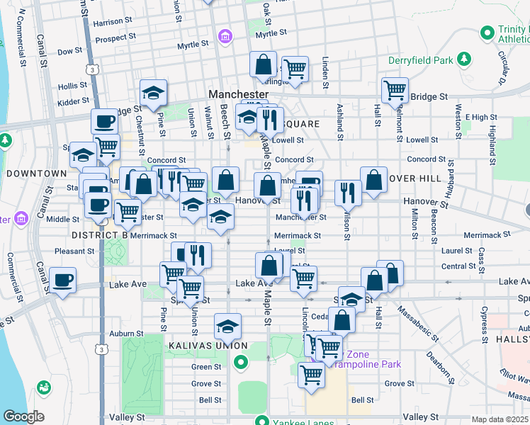 map of restaurants, bars, coffee shops, grocery stores, and more near 337 Manchester Street in Manchester