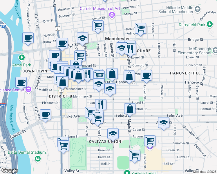 map of restaurants, bars, coffee shops, grocery stores, and more near 285 Manchester Street in Manchester