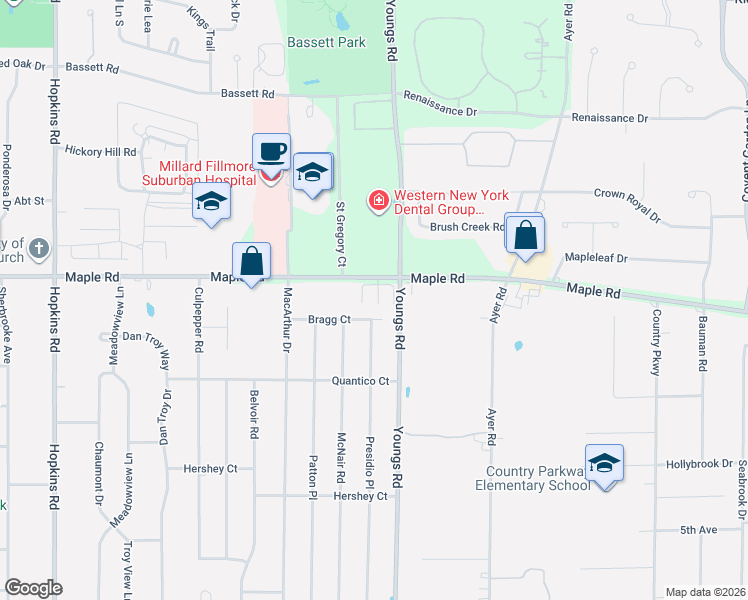 map of restaurants, bars, coffee shops, grocery stores, and more near 98 Bragg Court in Buffalo
