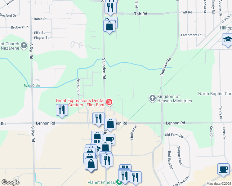 map of restaurants, bars, coffee shops, grocery stores, and more near 2440 Miami Beach Drive in Flint