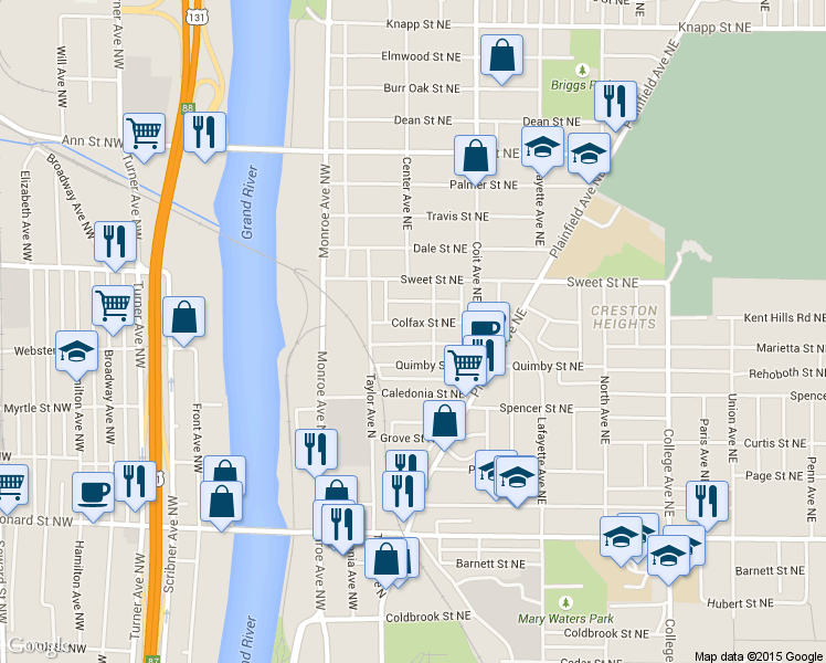 map of restaurants, bars, coffee shops, grocery stores, and more near 1515 Queen Avenue Northeast in Grand Rapids