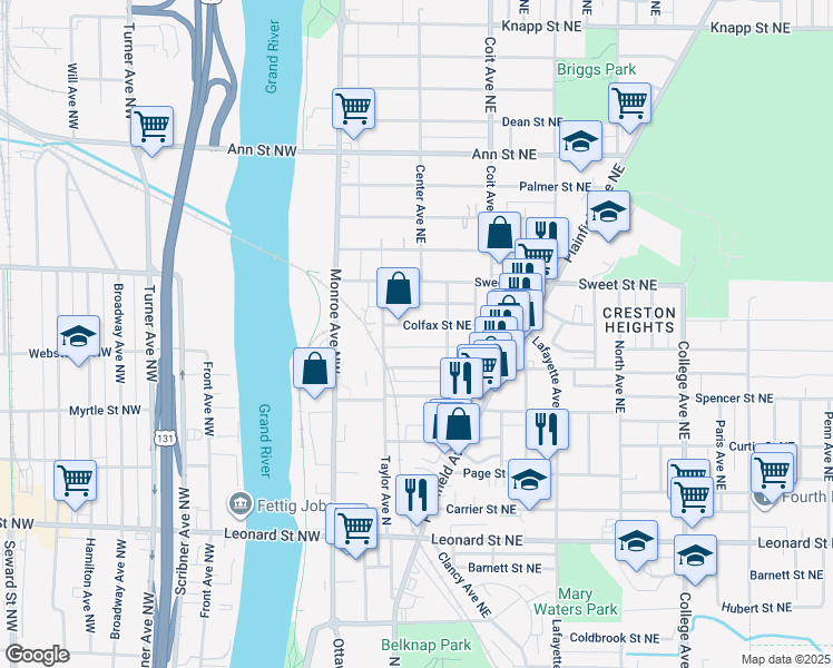 map of restaurants, bars, coffee shops, grocery stores, and more near 6 Mathews Court Northeast in Grand Rapids