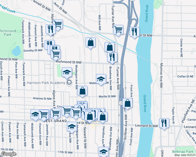 map of restaurants, bars, coffee shops, grocery stores, and more near 1501 Quarry Avenue Northwest in Grand Rapids