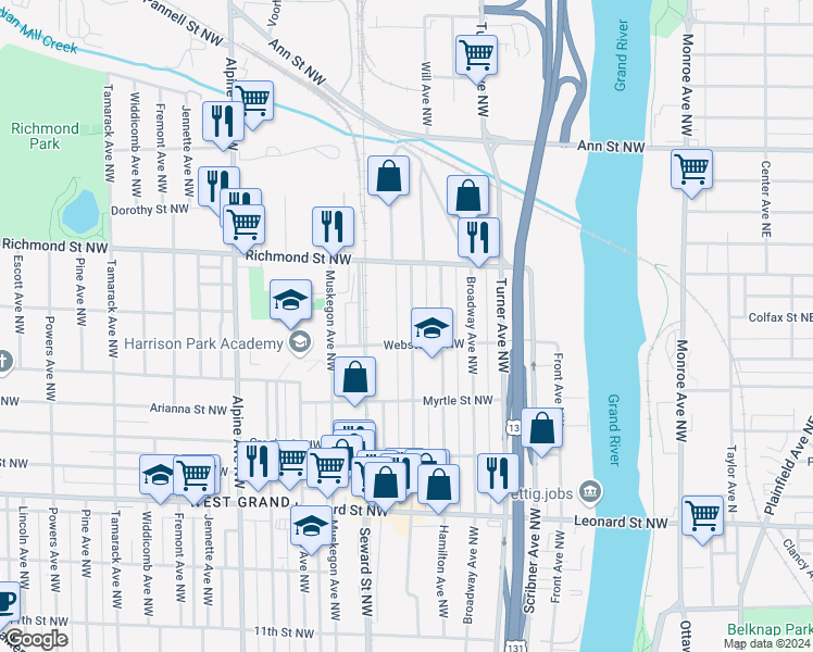 map of restaurants, bars, coffee shops, grocery stores, and more near 1501 Quarry Avenue Northwest in Grand Rapids