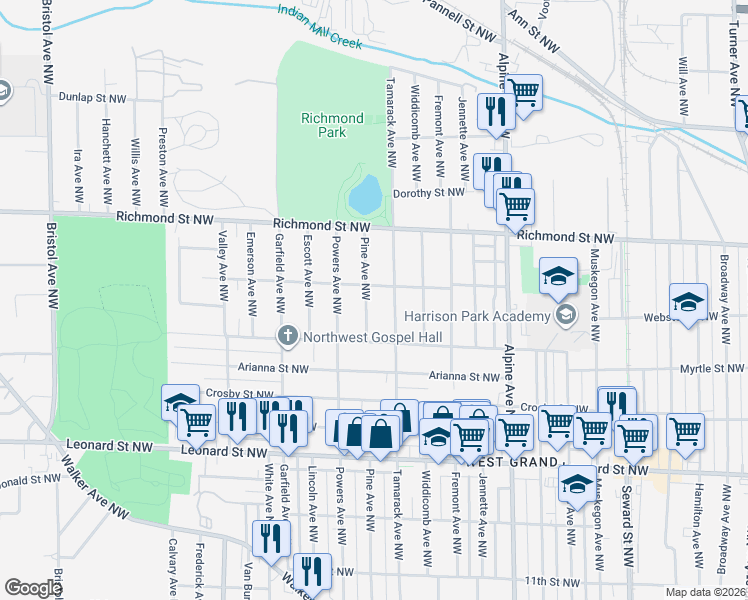 map of restaurants, bars, coffee shops, grocery stores, and more near 1429 Tamarack Avenue Northwest in Grand Rapids