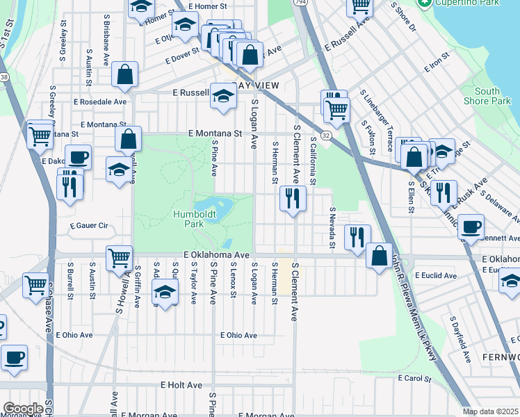map of restaurants, bars, coffee shops, grocery stores, and more near 2988 South Logan Avenue in Milwaukee