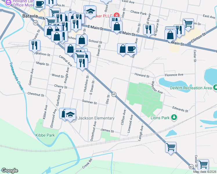 map of restaurants, bars, coffee shops, grocery stores, and more near 433 Ellicott Street in Batavia