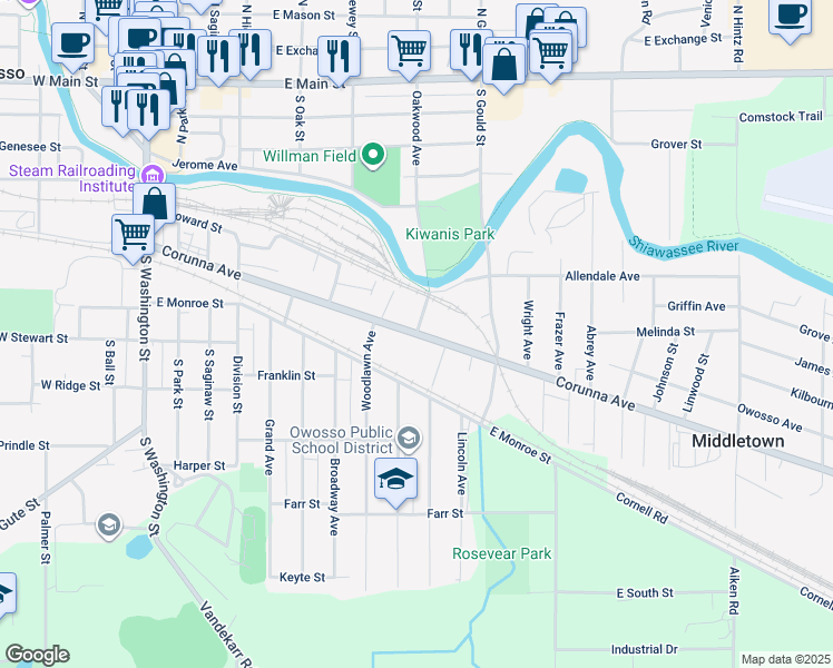 map of restaurants, bars, coffee shops, grocery stores, and more near Corunna Avenue in Owosso