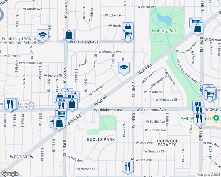 map of restaurants, bars, coffee shops, grocery stores, and more near 8632 Beloit Road in West Allis