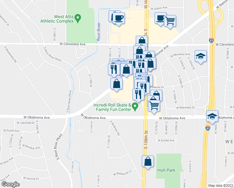 map of restaurants, bars, coffee shops, grocery stores, and more near 11135 West National Avenue in West Allis