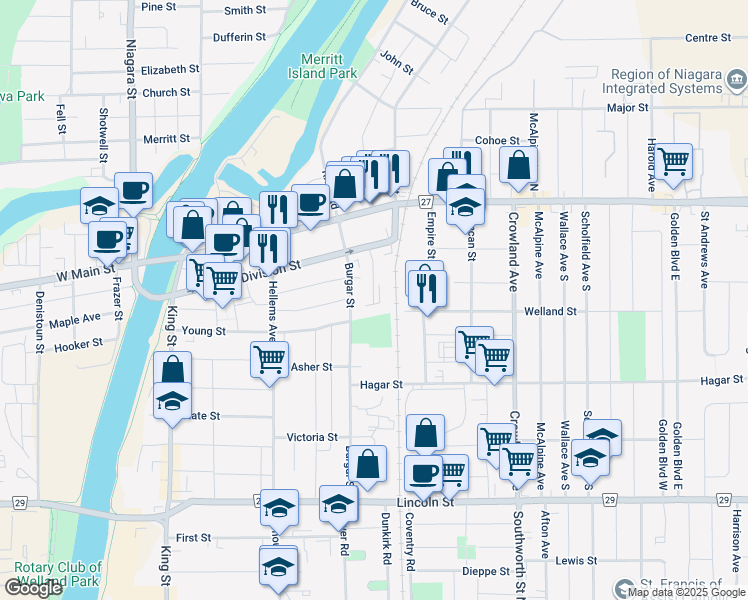 map of restaurants, bars, coffee shops, grocery stores, and more near 350 Alexander Street in Welland
