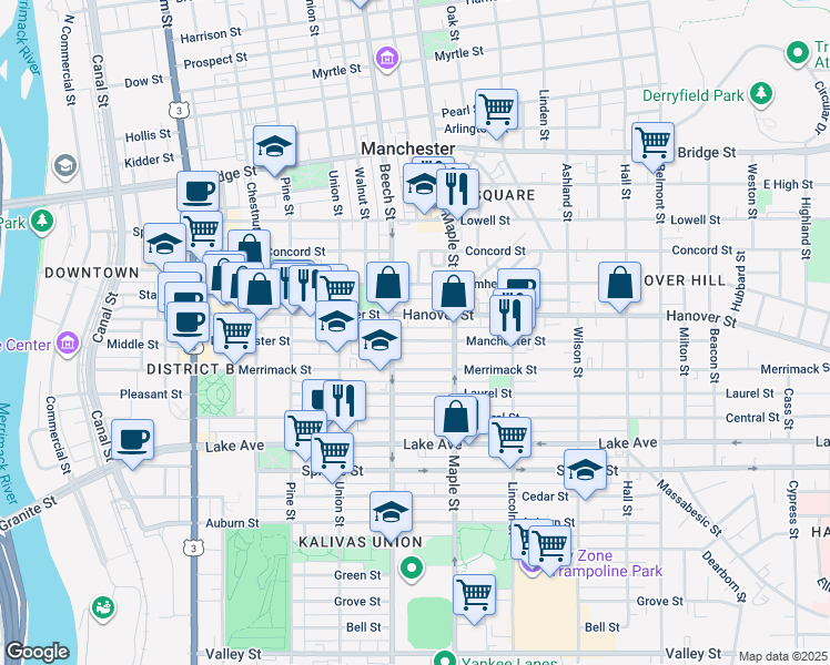 map of restaurants, bars, coffee shops, grocery stores, and more near 304 Manchester Street in Manchester
