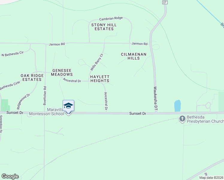 map of restaurants, bars, coffee shops, grocery stores, and more near W292S2984 Ancestral Drive in Waukesha