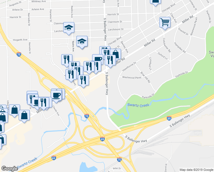 map of restaurants, bars, coffee shops, grocery stores, and more near 3013 South Ballenger Highway in Flint